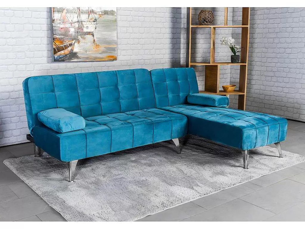 Sofá Cama Clic-Clac E Dobravel*Saldosystocks Sofá Chaise Longue Aroa-Xs, Veludo De 3 Lugares Conversivel Em Cama, Cor Cinza, 198X150Cm
