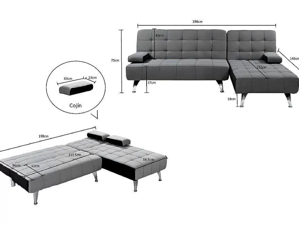 Sofá Cama Clic-Clac E Dobravel*Saldosystocks Sofá Chaise Longue Aroa-Xs, Veludo De 3 Lugares Conversivel Em Cama, Cor Cinza, 198X150Cm