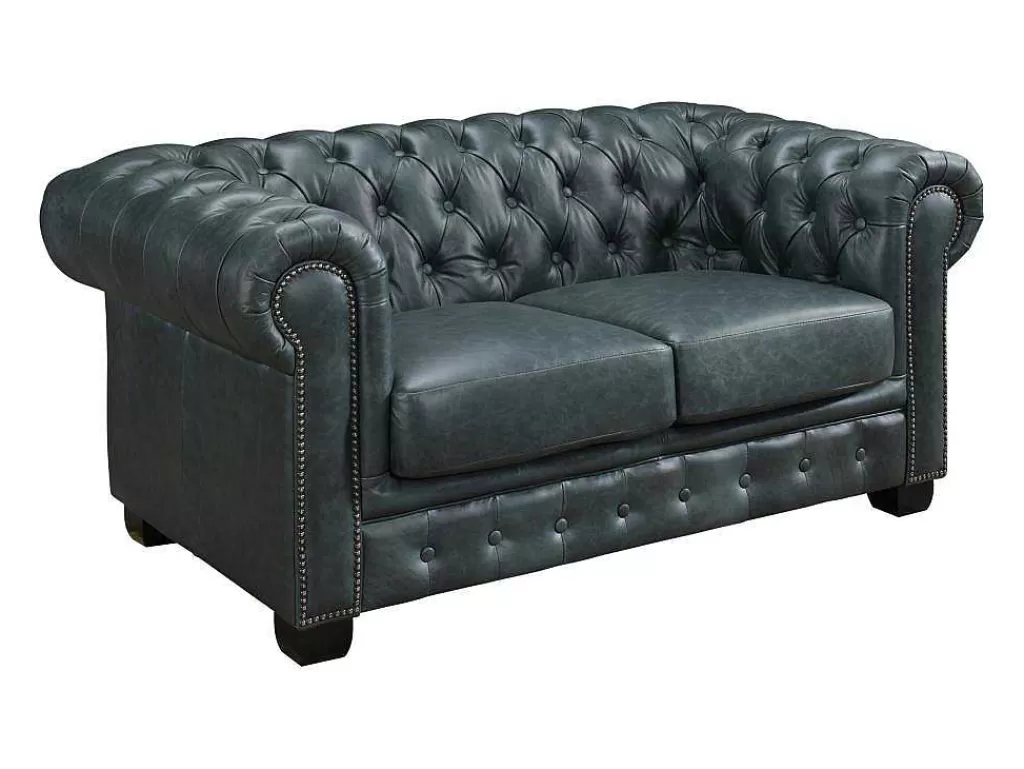 Sofá Em Pele*LINEA Sofá Sofá Chesterfield 2 Lugares Brenton 100% Pele De Bufalo Superior Cor Verde-Acinzentado