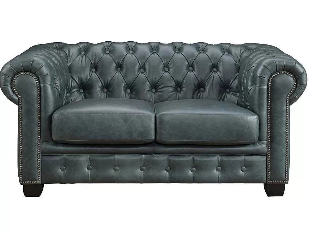 Sofá Em Pele*LINEA Sofá Sofá Chesterfield 2 Lugares Brenton 100% Pele De Bufalo Superior Cor Verde-Acinzentado