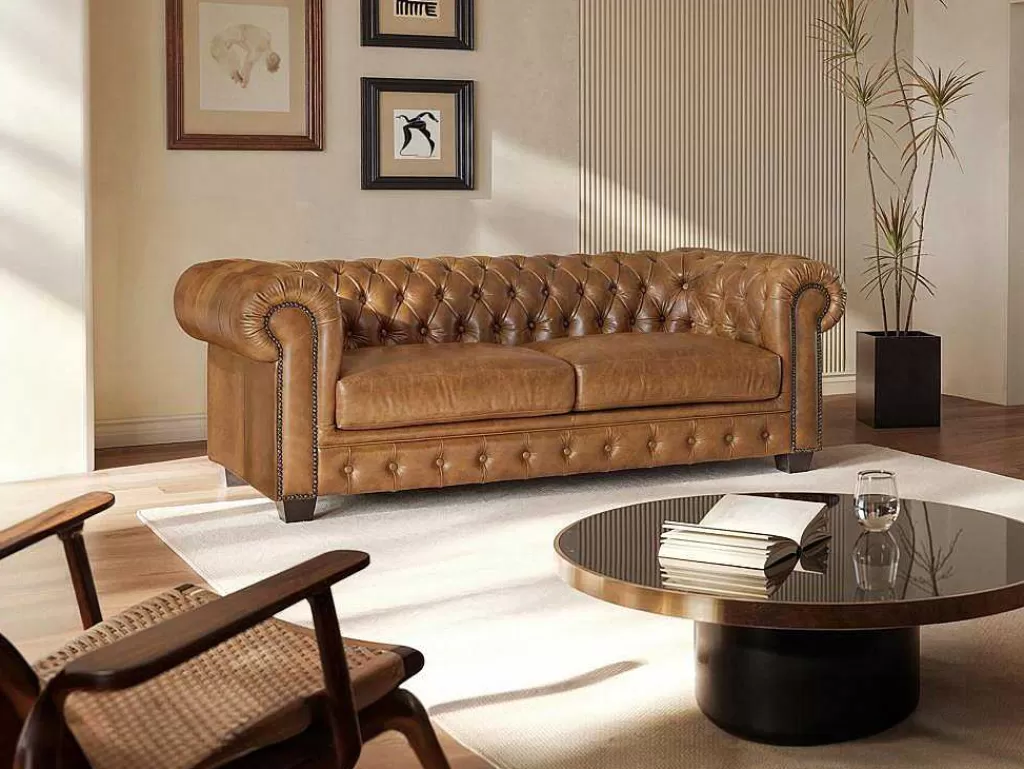 Promoções Sofás & Poltronas*LINEA Sofá Sofá Chesterfield 3 Lugares Brenton 100% Pele De Bufalo Superior Cor Caramelo Vintage