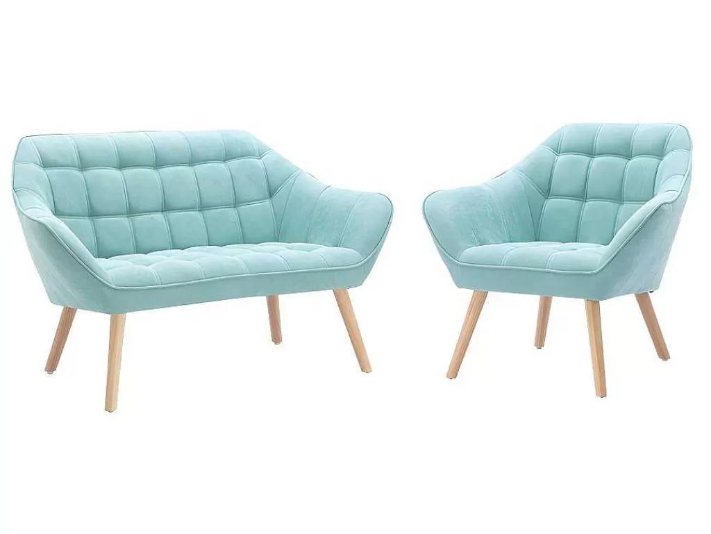 Conjunto Sofá E Poltrona*Vente-unique Sofá De 2 Lugares E Poltrona Em Tecido Cor Verde-Agua - Caserta
