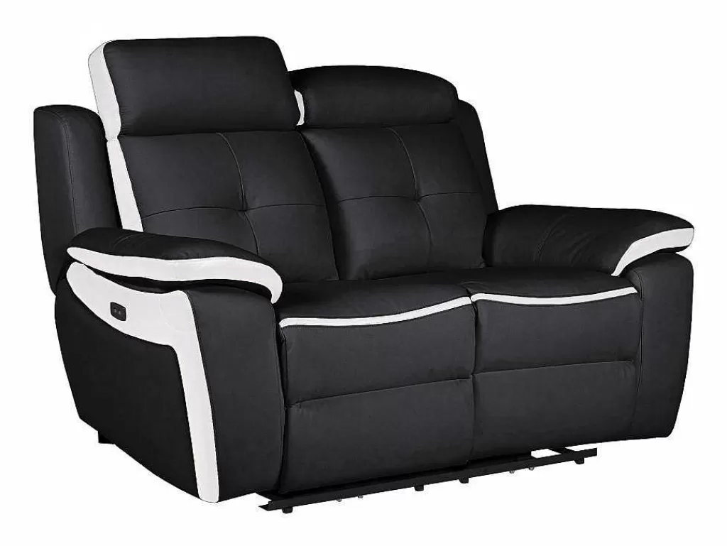 Sofá De Relaxamento Eletrico*Vente-unique Sofá De 2 Lugares Relax Eletrico Em Pele Preto E Branco - Angelique