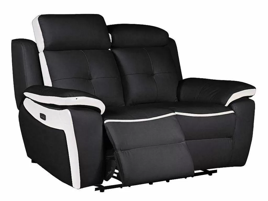 Sofá De Relaxamento Eletrico*Vente-unique Sofá De 2 Lugares Relax Eletrico Em Pele Preto E Branco - Angelique