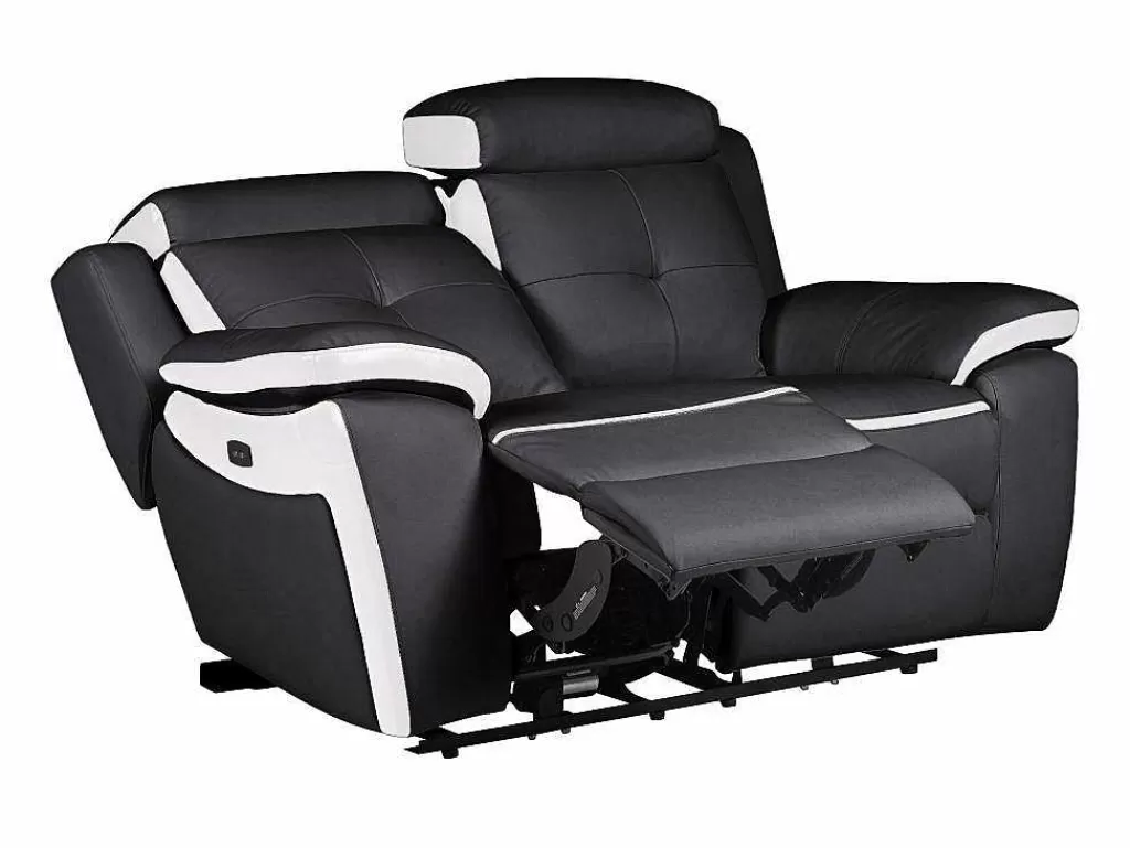 Sofá De Relaxamento Eletrico*Vente-unique Sofá De 2 Lugares Relax Eletrico Em Pele Preto E Branco - Angelique