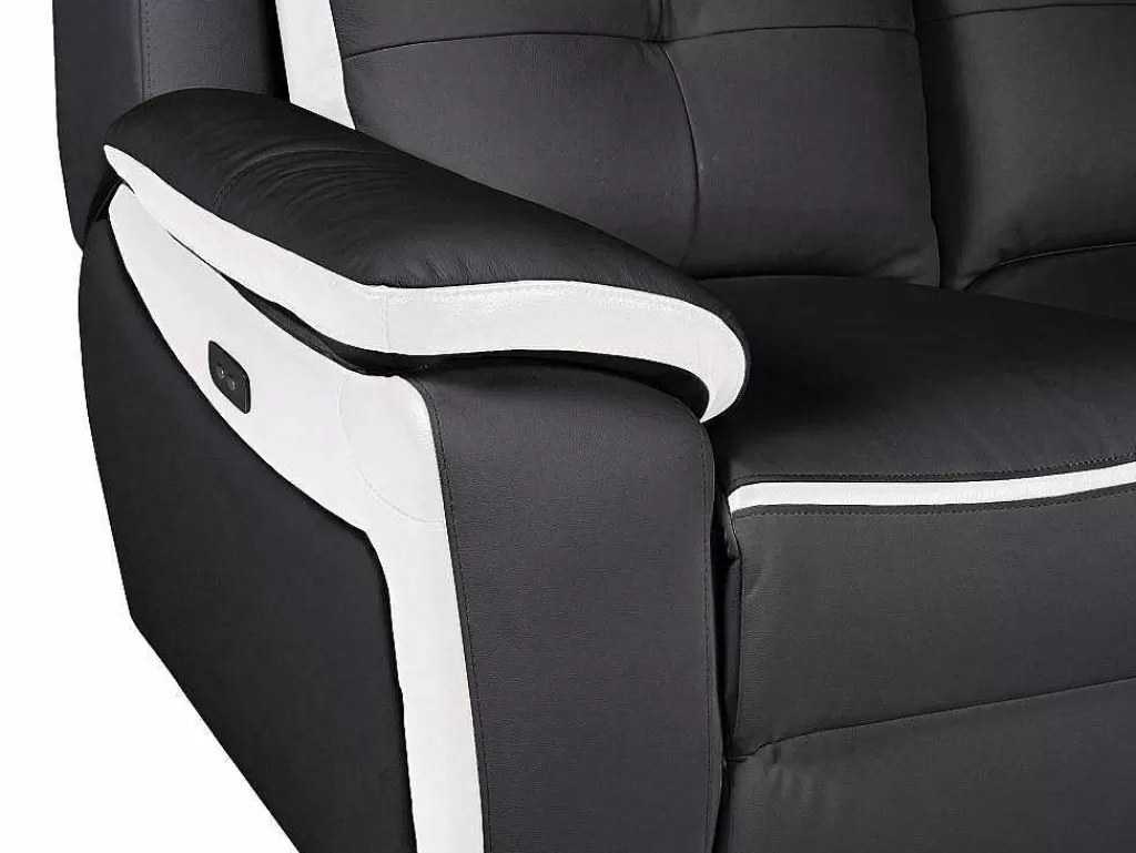 Sofá De Relaxamento Eletrico*Vente-unique Sofá De 2 Lugares Relax Eletrico Em Pele Preto E Branco - Angelique