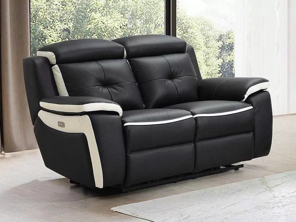 Sofá De Relaxamento Eletrico*Vente-unique Sofá De 2 Lugares Relax Eletrico Em Pele Preto E Branco - Angelique