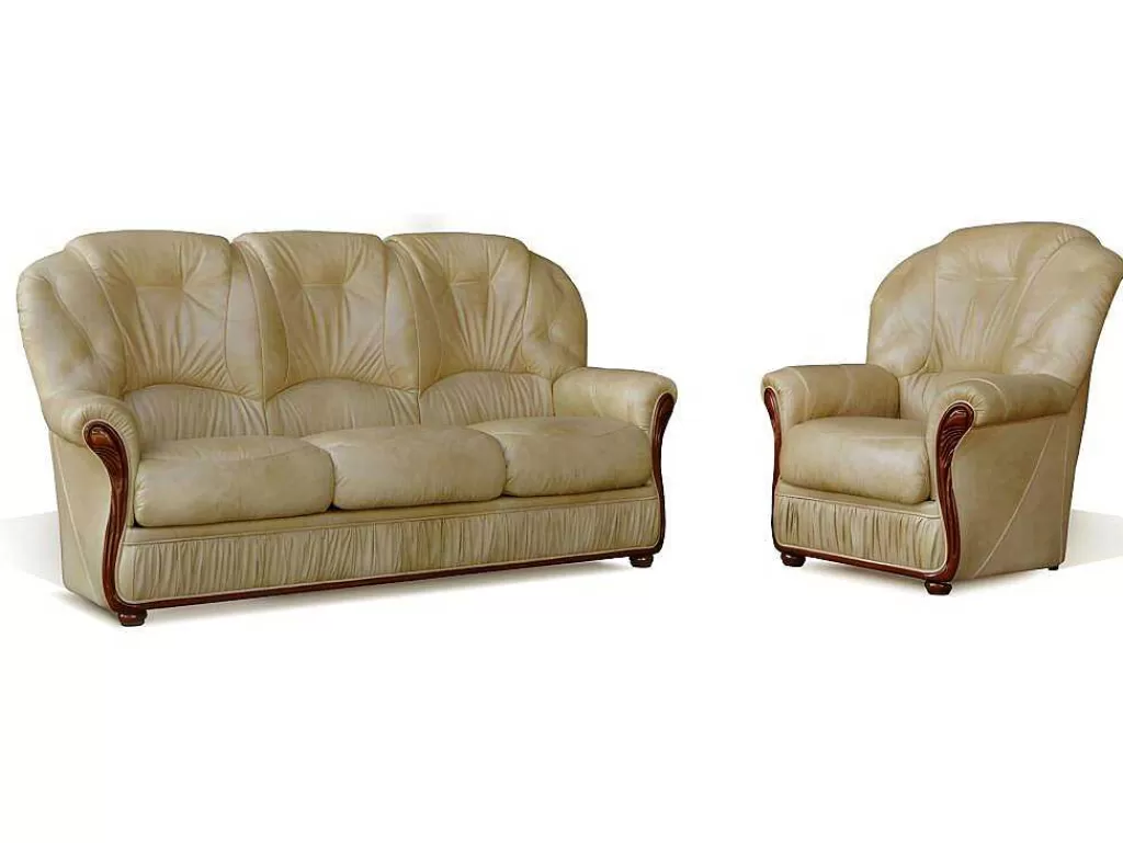 Conjunto Sofá E Poltrona*Vente-unique Sofá De 3+1 Lugares 100% Couro De Bufalo Bege - Daphne