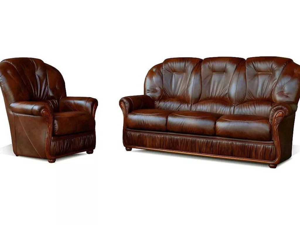 Conjunto Sofá E Poltrona*Vente-unique Sofá De 3+1 Lugares 100% Couro De Bufalo Castanho - Daphne