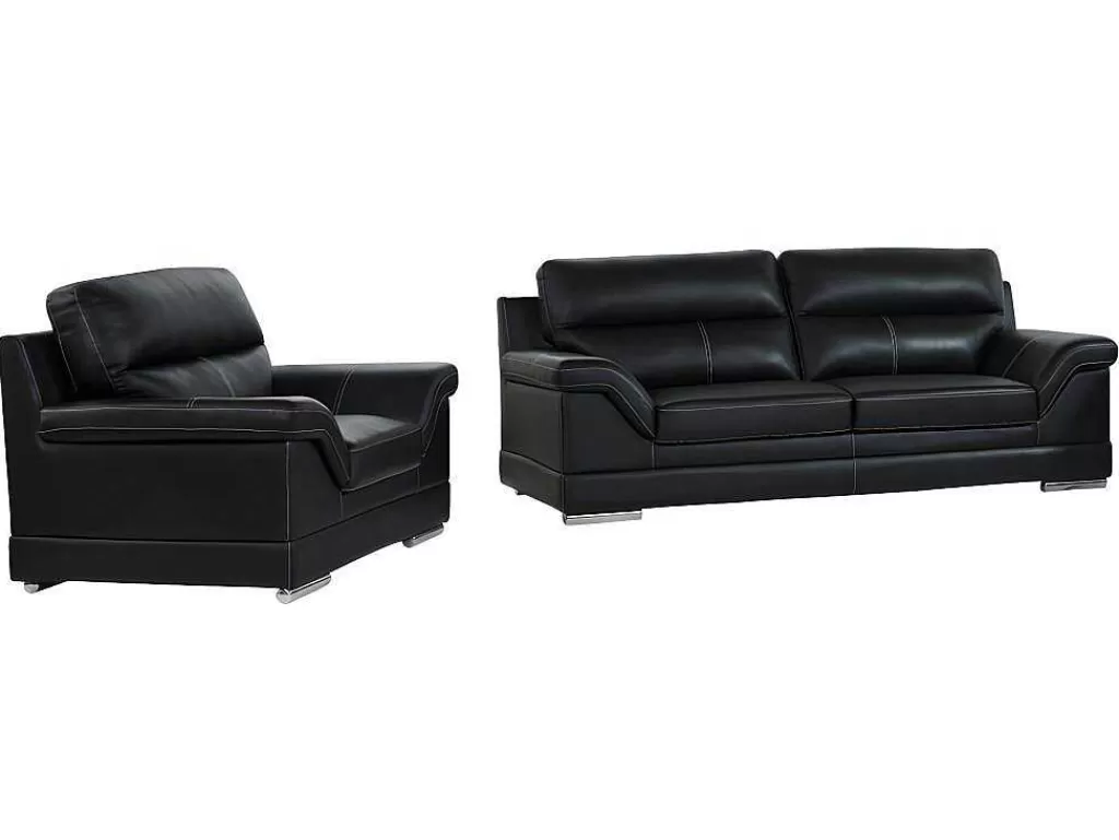 Conjunto Sofá E Poltrona*Vente-unique Sofá De 3+1 Lugares Em Pele De Bufalo Preto - Monika