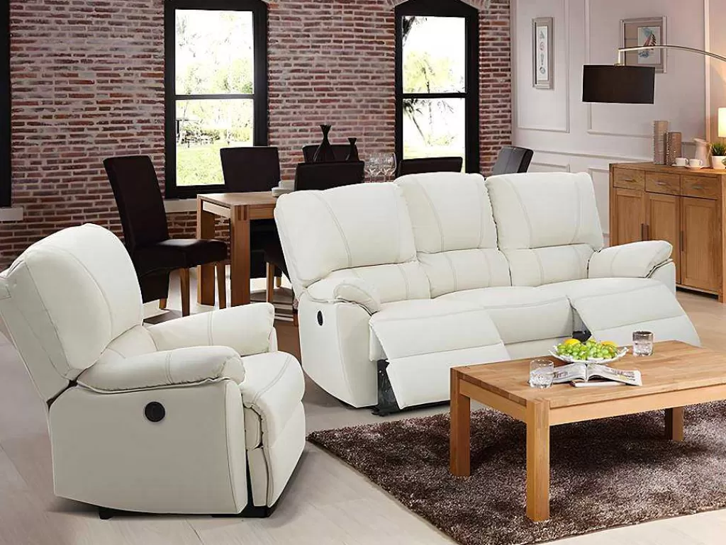 Conjunto Sofá E Poltrona*Vente-unique Sofá De 3+1 Lugares Relax Eletrico Em Pele Marfim - Marcis