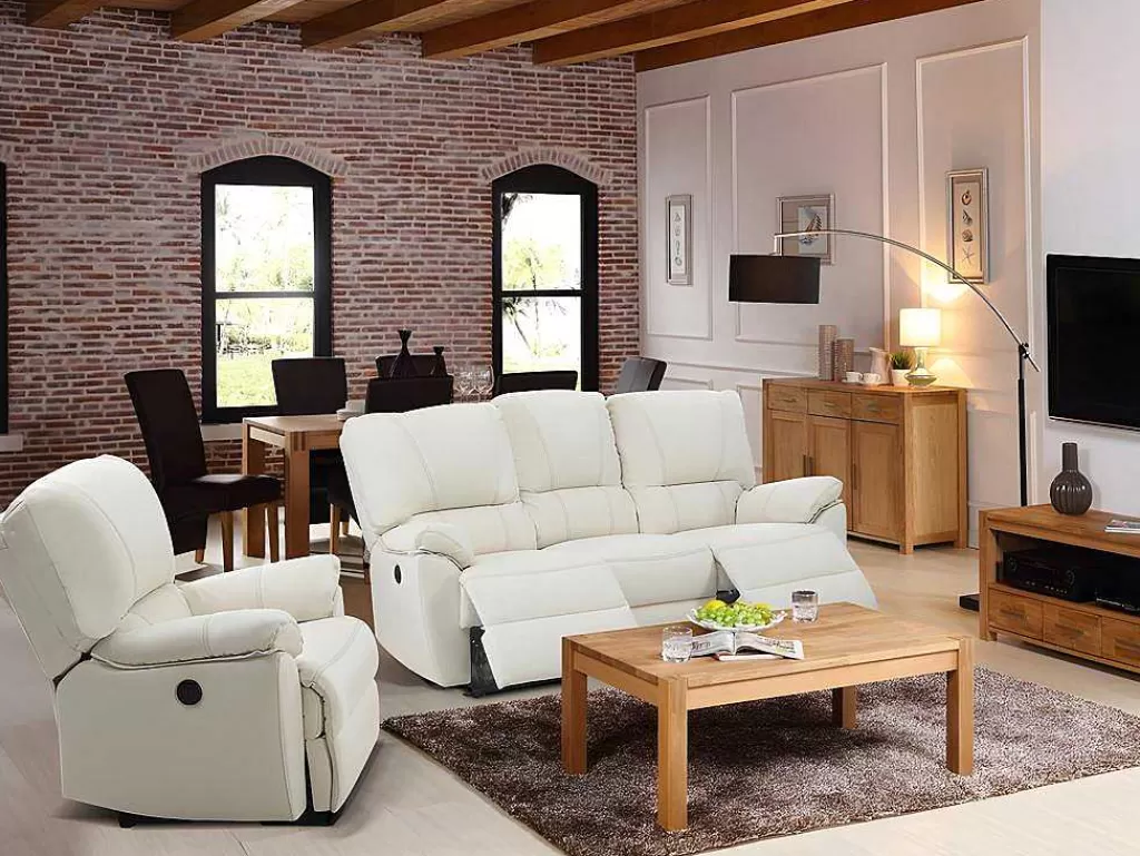Conjunto Sofá E Poltrona*Vente-unique Sofá De 3+1 Lugares Relax Eletrico Em Pele Marfim - Marcis