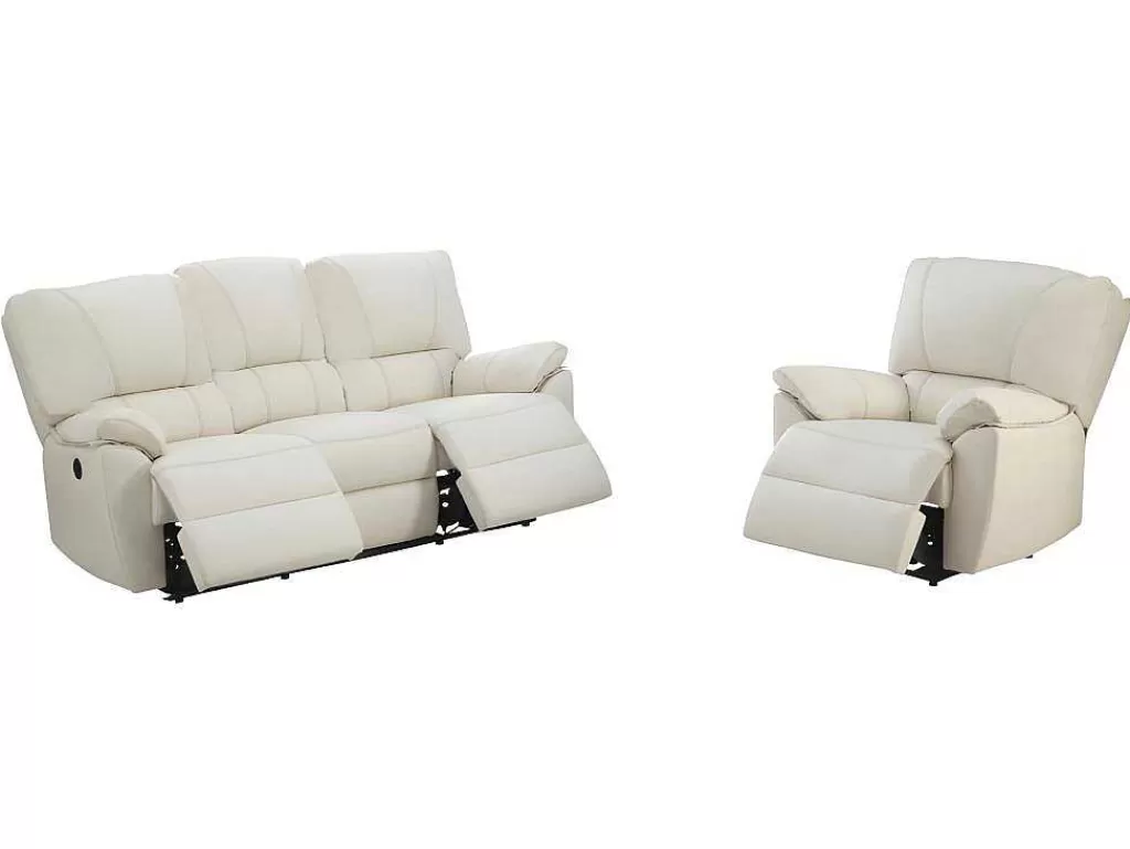 Conjunto Sofá E Poltrona*Vente-unique Sofá De 3+1 Lugares Relax Eletrico Em Pele Marfim - Marcis
