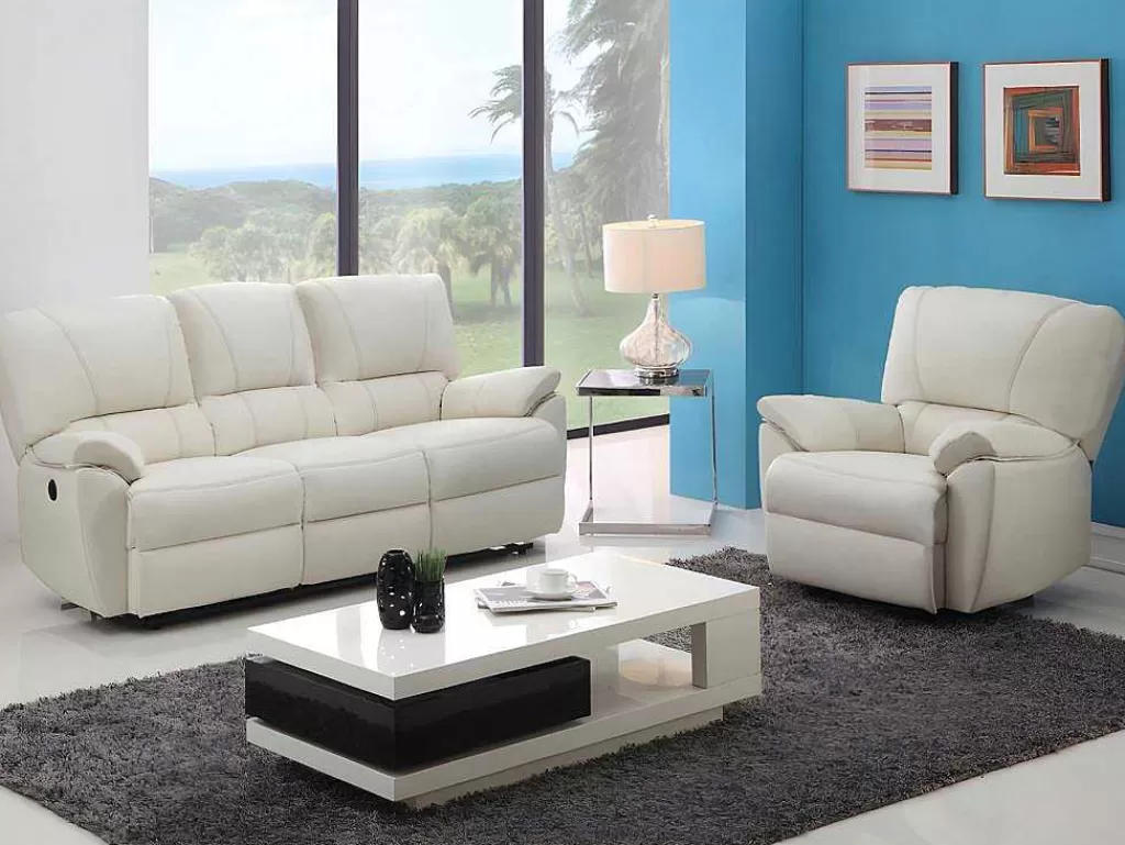 Conjunto Sofá E Poltrona*Vente-unique Sofá De 3+1 Lugares Relax Eletrico Em Pele Marfim - Marcis