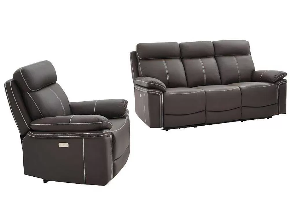Conjunto Sofá E Poltrona*Vente-unique Sofá De 3+1 Lugares Relax Eletrico Em Pele Marrom - Isiris