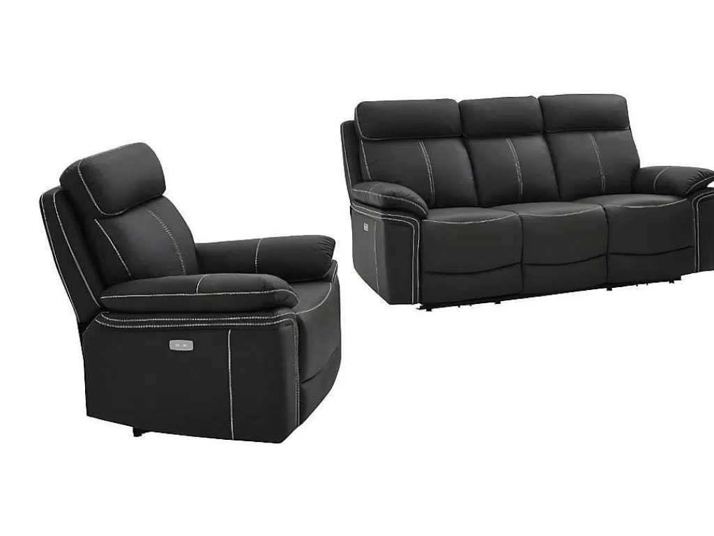Conjunto Sofá E Poltrona*Vente-unique Sofá De 3+1 Lugares Relax Eletrico Em Pele Preto - Isiris