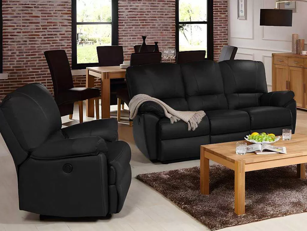 Conjunto Sofá E Poltrona*Vente-unique Sofá De 3+1 Lugares Relax Eletrico Em Pele Preto - Marcis
