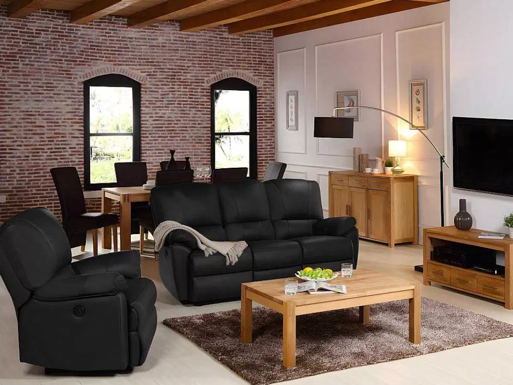 Conjunto Sofá E Poltrona*Vente-unique Sofá De 3+1 Lugares Relax Eletrico Em Pele Preto - Marcis
