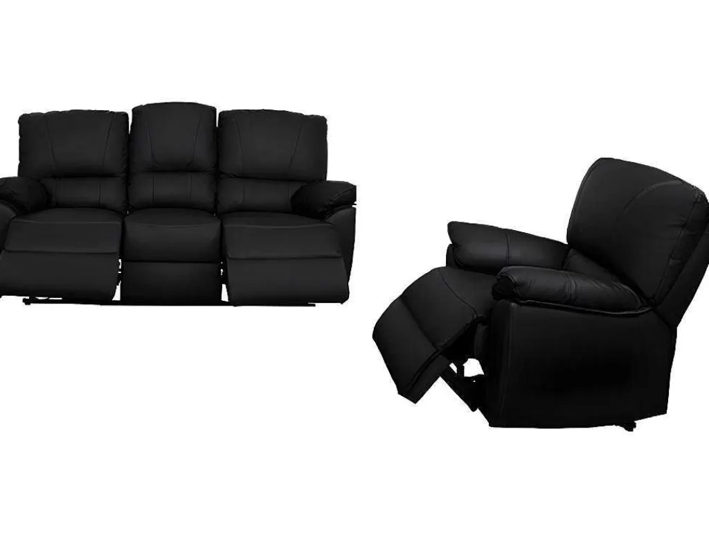 Conjunto Sofá E Poltrona*Vente-unique Sofá De 3+1 Lugares Relax Eletrico Em Pele Preto - Marcis