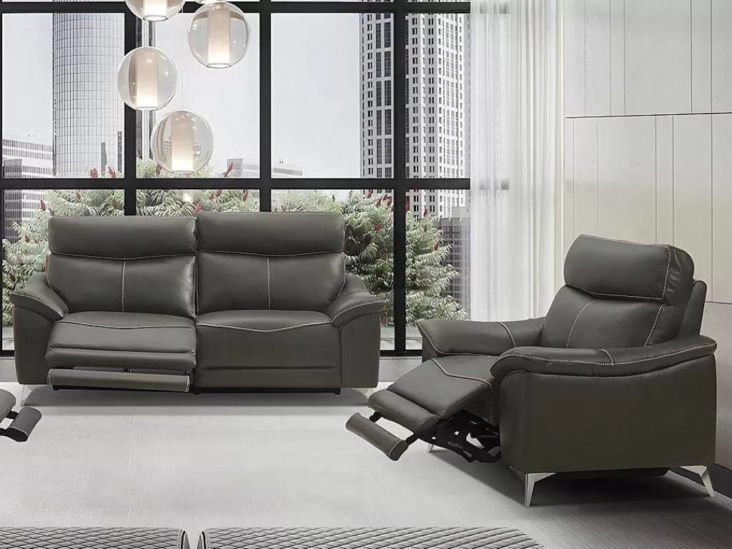 Conjunto Sofá E Poltrona*Vente-unique Sofá De 3+1 Lugares Relax Eletrico Em Pele Taupe - Metronomya