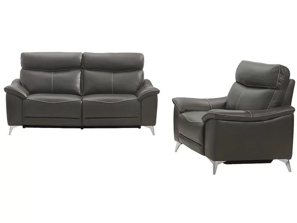 Conjunto Sofá E Poltrona*Vente-unique Sofá De 3+1 Lugares Relax Eletrico Em Pele Taupe - Metronomya