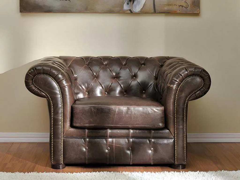 Conjunto Sofá E Poltrona*Vente-unique Sofá De 3+2+1 Lugares 100% Couro Envelhecido Estilo Chesterfield - Clotaire