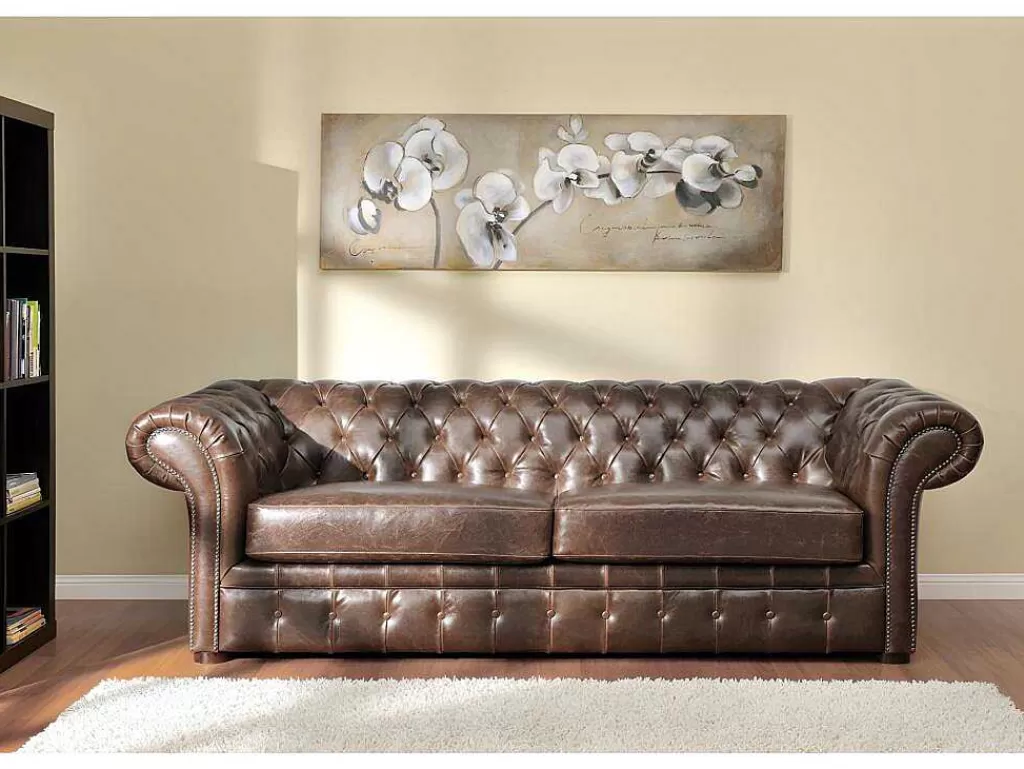 Conjunto Sofá E Poltrona*Vente-unique Sofá De 3+2+1 Lugares 100% Couro Envelhecido Estilo Chesterfield - Clotaire