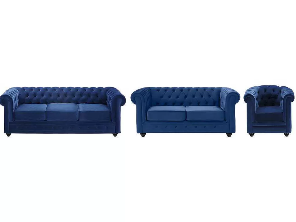 Conjunto Sofá E Poltrona*Vente-unique Sofá De 3+2+1 Lugares Em Veludo Cor Azul Real - Chesterfield