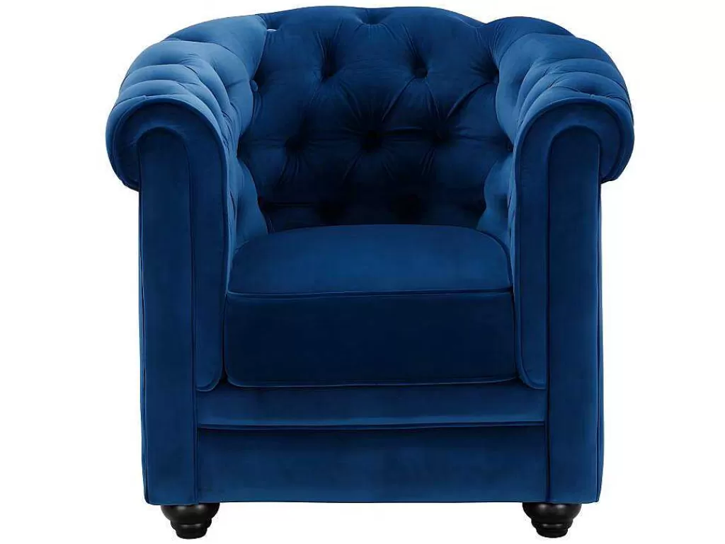 Conjunto Sofá E Poltrona*Vente-unique Sofá De 3+2+1 Lugares Em Veludo Cor Azul Real - Chesterfield