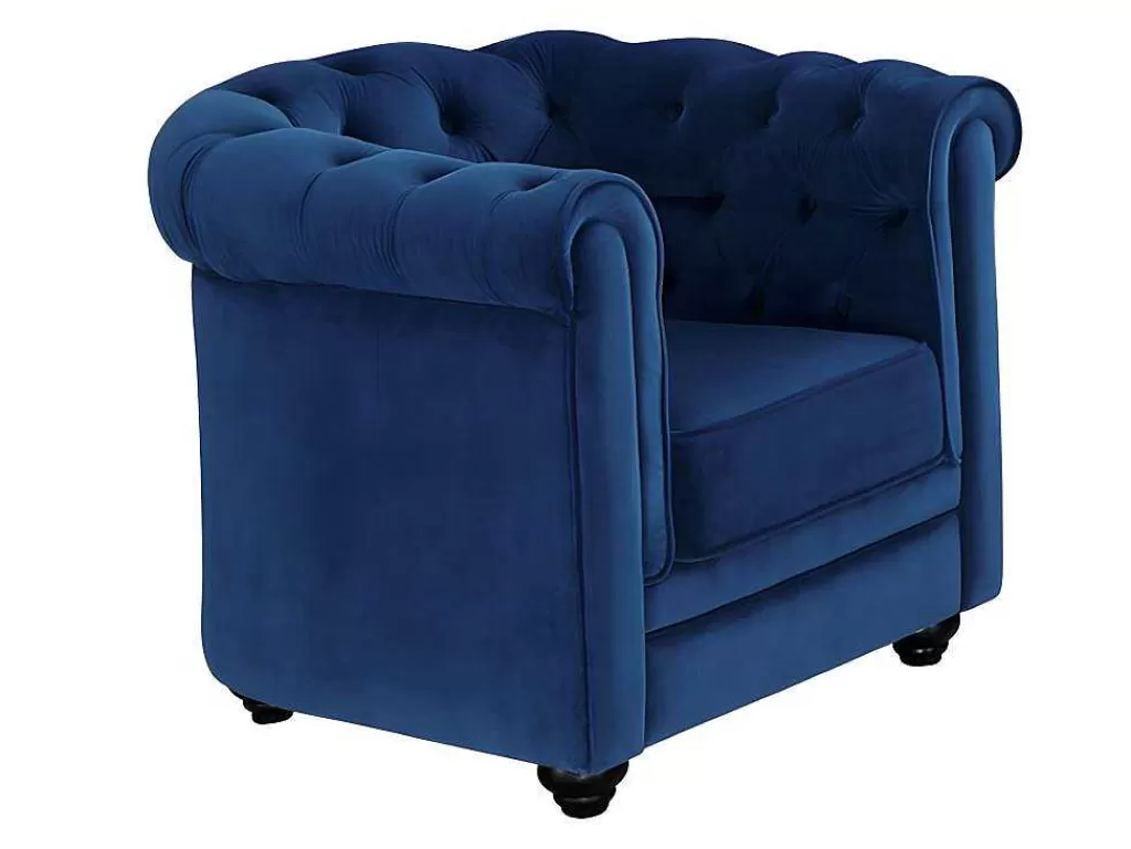 Conjunto Sofá E Poltrona*Vente-unique Sofá De 3+2+1 Lugares Em Veludo Cor Azul Real - Chesterfield