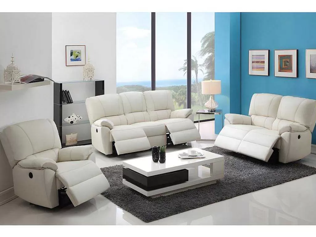 Conjunto Sofá E Poltrona*Vente-unique Sofá De 3+2+1 Lugares Relax Eletrico Em Pele Marfim - Marcis