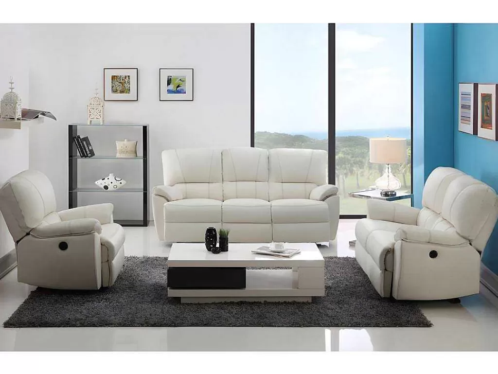 Conjunto Sofá E Poltrona*Vente-unique Sofá De 3+2+1 Lugares Relax Eletrico Em Pele Marfim - Marcis