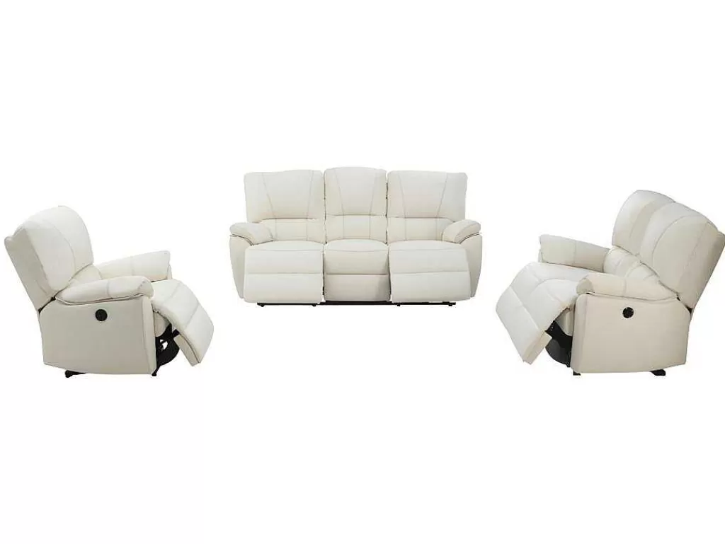 Conjunto Sofá E Poltrona*Vente-unique Sofá De 3+2+1 Lugares Relax Eletrico Em Pele Marfim - Marcis