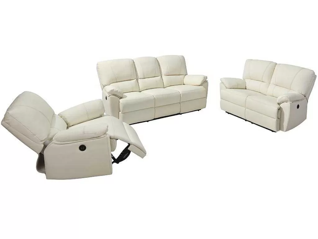 Conjunto Sofá E Poltrona*Vente-unique Sofá De 3+2+1 Lugares Relax Eletrico Em Pele Marfim - Marcis