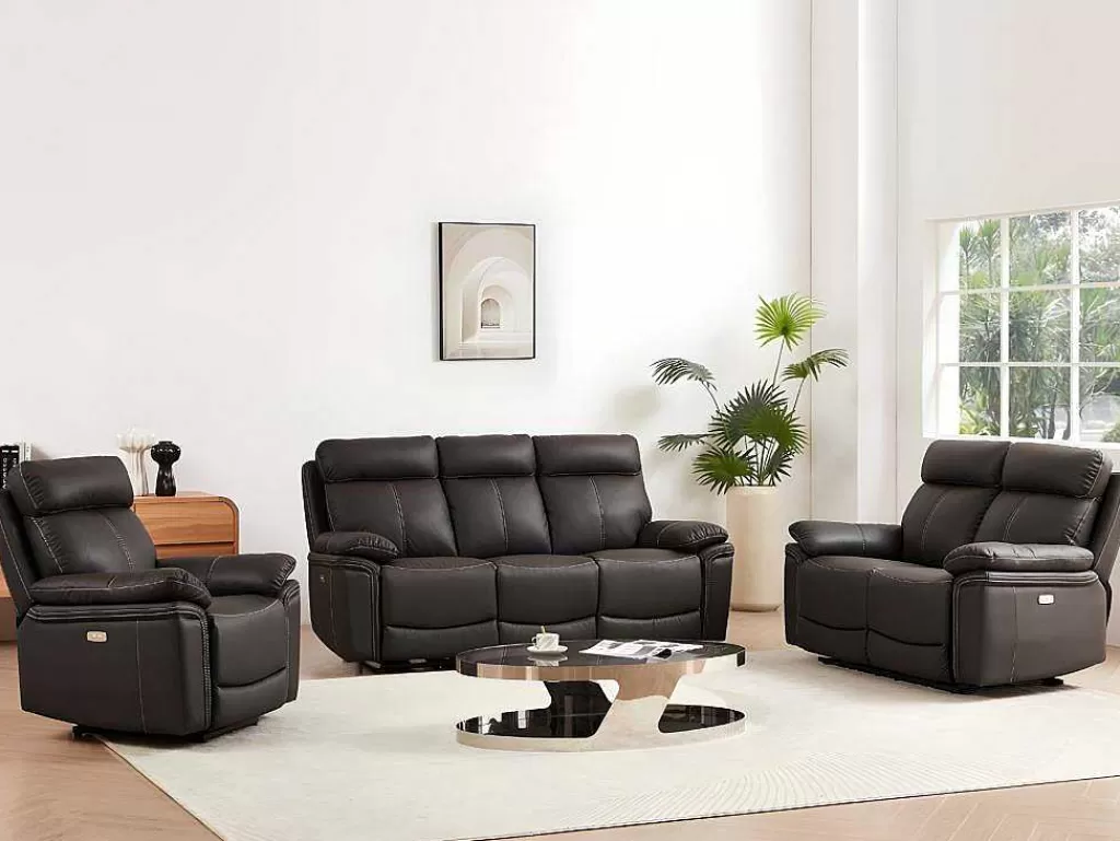 Conjunto Sofá E Poltrona*Vente-unique Sofá De 3+2+1 Lugares Relax Eletrico Em Pele Marrom - Isiris