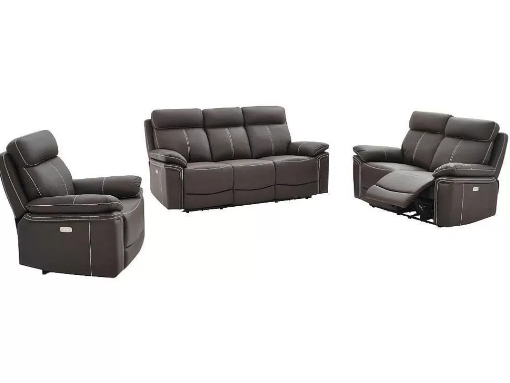 Conjunto Sofá E Poltrona*Vente-unique Sofá De 3+2+1 Lugares Relax Eletrico Em Pele Marrom - Isiris