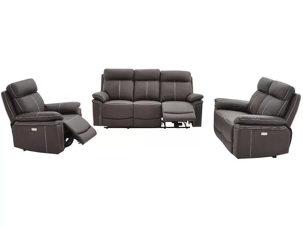 Conjunto Sofá E Poltrona*Vente-unique Sofá De 3+2+1 Lugares Relax Eletrico Em Pele Marrom - Isiris