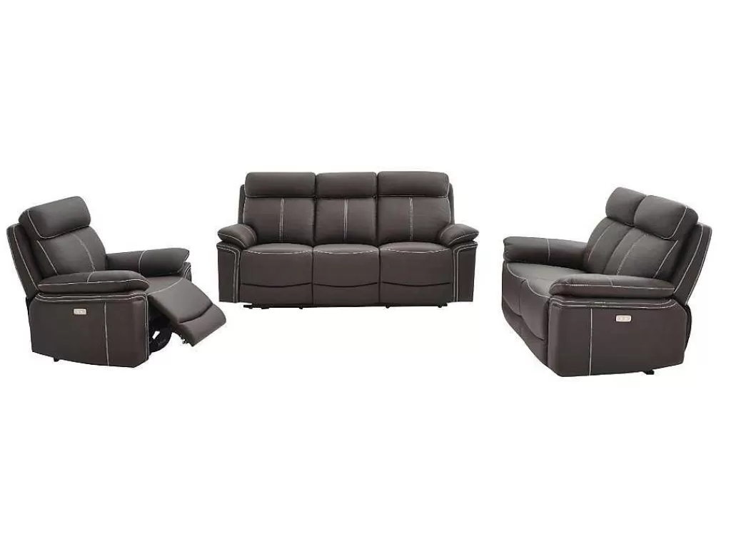 Conjunto Sofá E Poltrona*Vente-unique Sofá De 3+2+1 Lugares Relax Eletrico Em Pele Marrom - Isiris