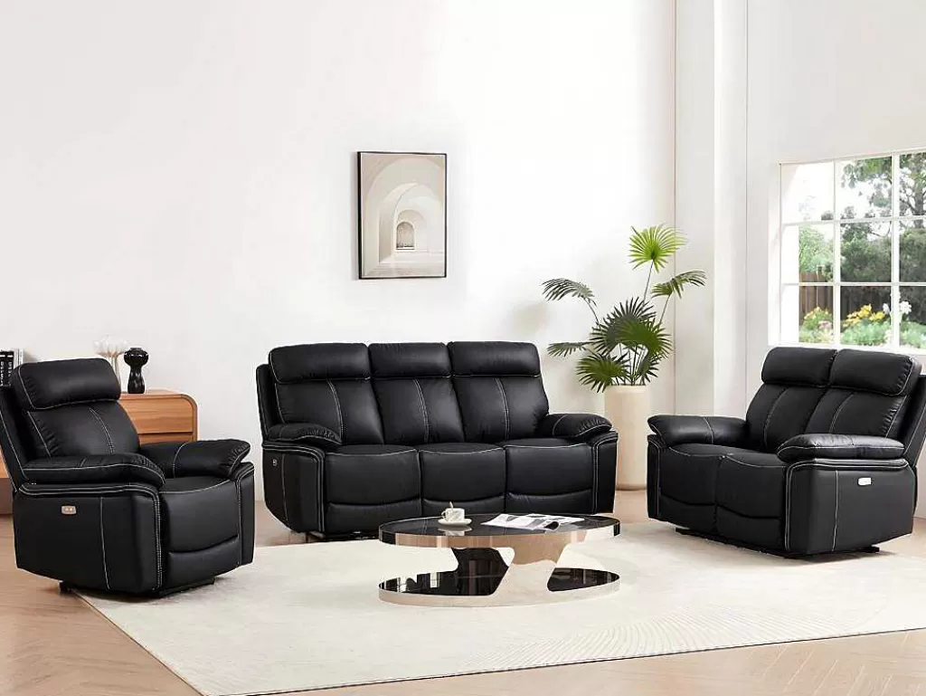 Conjunto Sofá E Poltrona*Vente-unique Sofá De 3+2+1 Lugares Relax Eletrico Em Pele Preto - Isiris