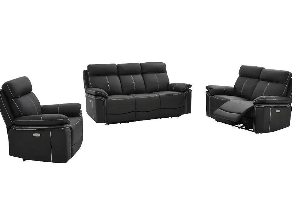 Conjunto Sofá E Poltrona*Vente-unique Sofá De 3+2+1 Lugares Relax Eletrico Em Pele Preto - Isiris