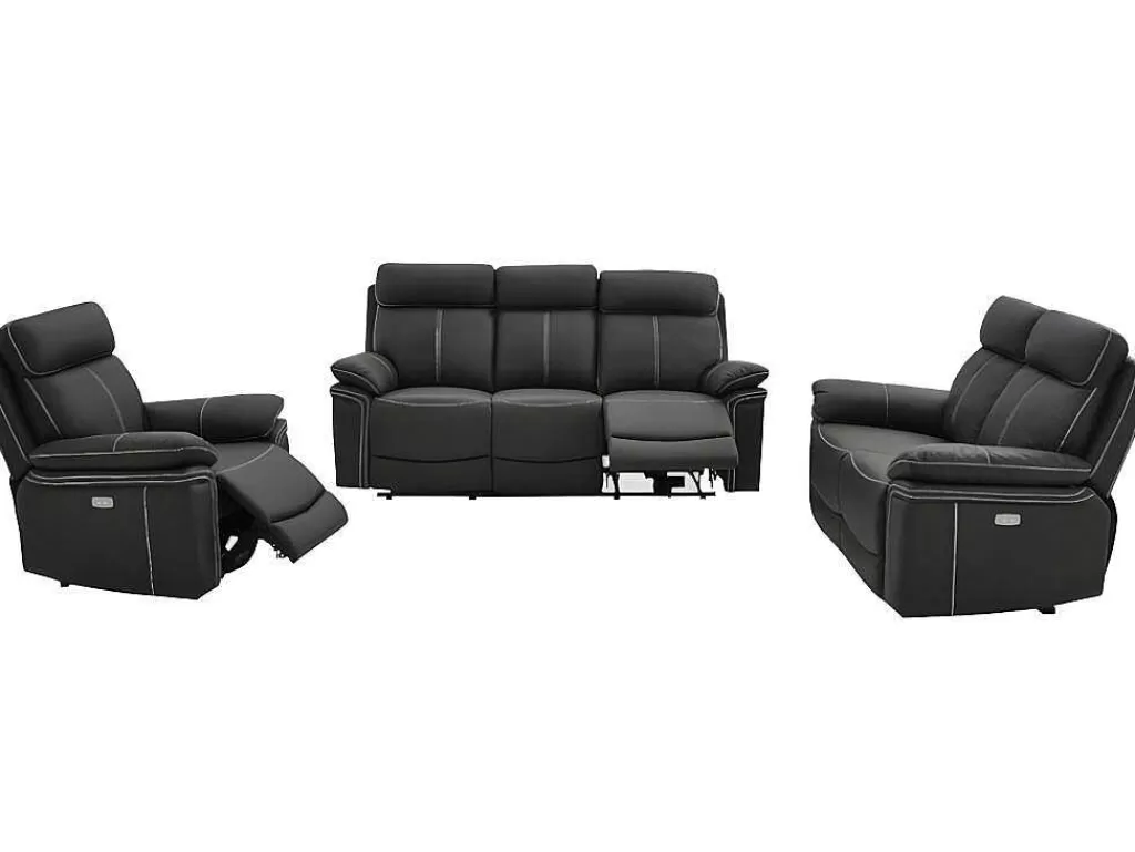 Conjunto Sofá E Poltrona*Vente-unique Sofá De 3+2+1 Lugares Relax Eletrico Em Pele Preto - Isiris