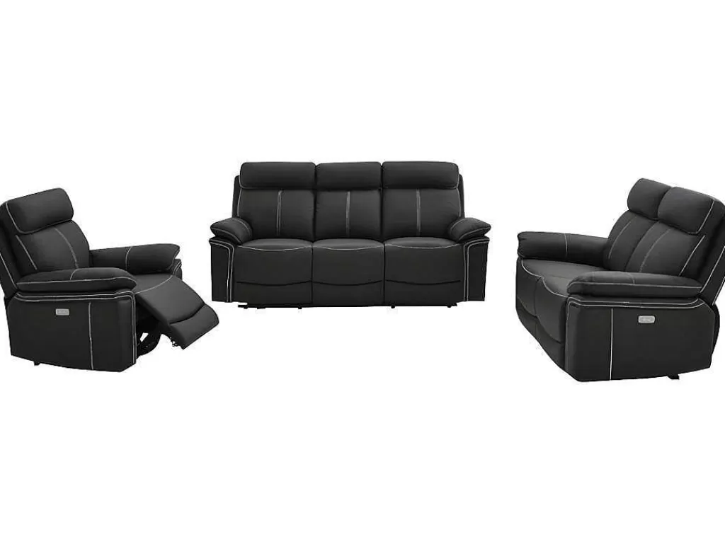 Conjunto Sofá E Poltrona*Vente-unique Sofá De 3+2+1 Lugares Relax Eletrico Em Pele Preto - Isiris