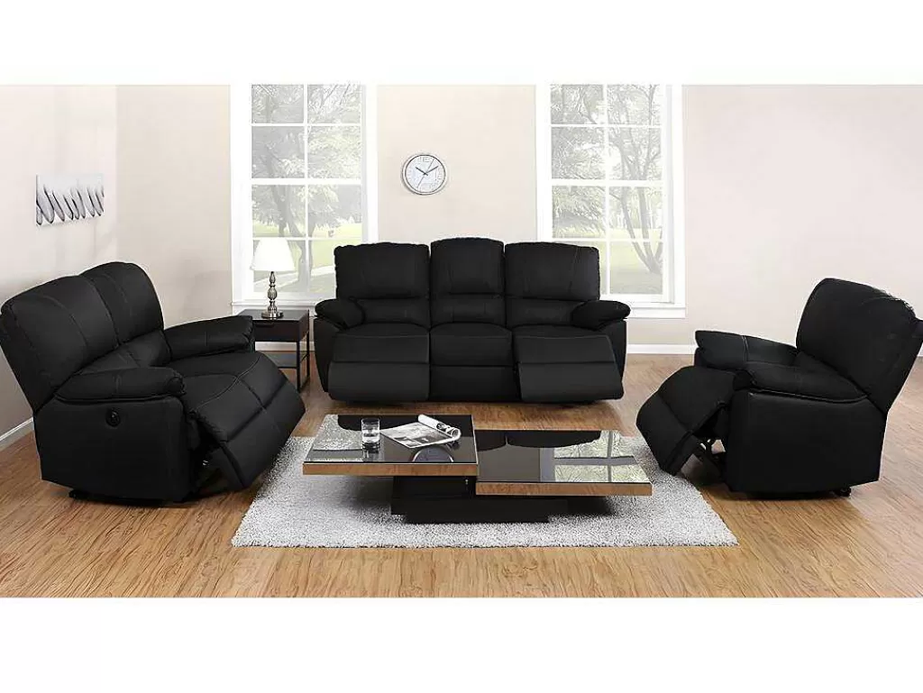 Conjunto Sofá E Poltrona*Vente-unique Sofá De 3+2+1 Lugares Relax Eletrico Em Pele Preto - Marcis