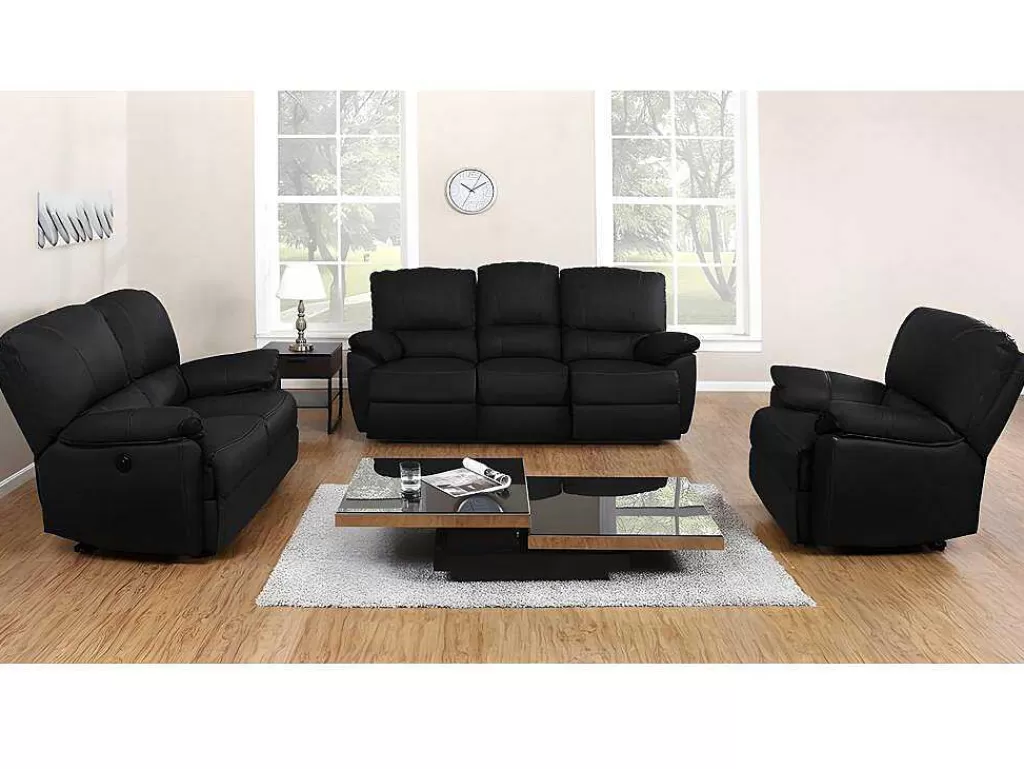Conjunto Sofá E Poltrona*Vente-unique Sofá De 3+2+1 Lugares Relax Eletrico Em Pele Preto - Marcis