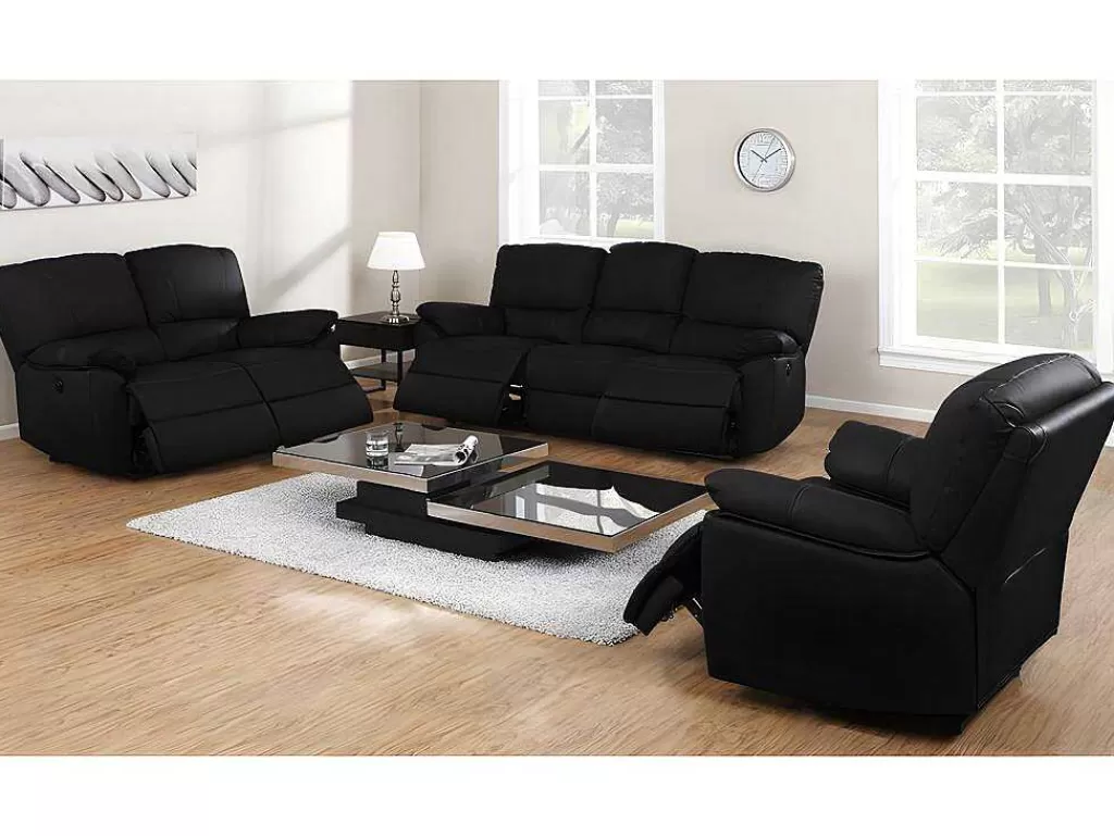 Conjunto Sofá E Poltrona*Vente-unique Sofá De 3+2+1 Lugares Relax Eletrico Em Pele Preto - Marcis