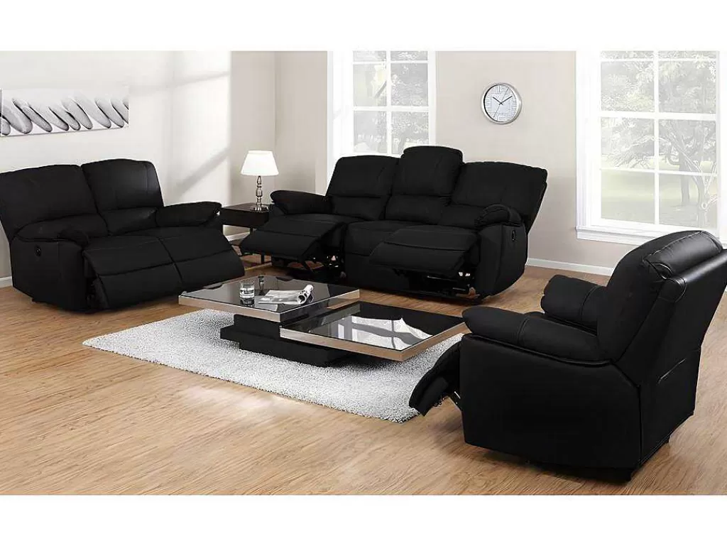 Conjunto Sofá E Poltrona*Vente-unique Sofá De 3+2+1 Lugares Relax Eletrico Em Pele Preto - Marcis