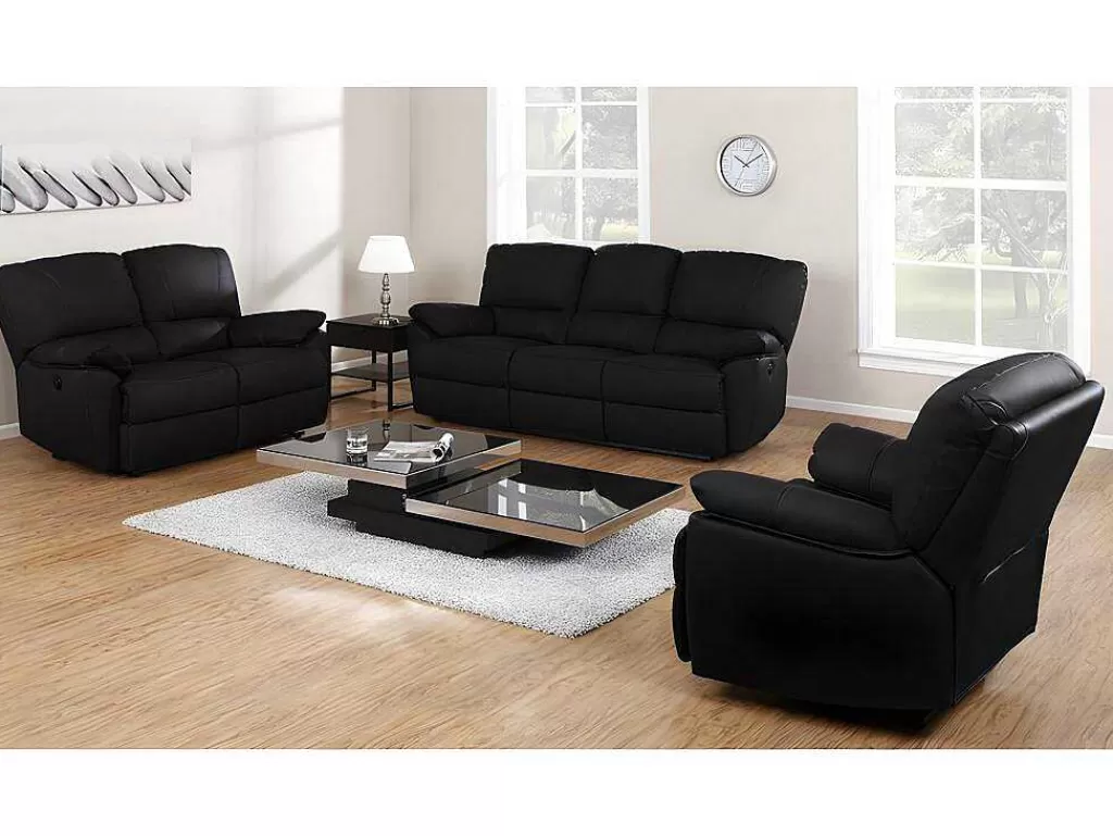 Conjunto Sofá E Poltrona*Vente-unique Sofá De 3+2+1 Lugares Relax Eletrico Em Pele Preto - Marcis