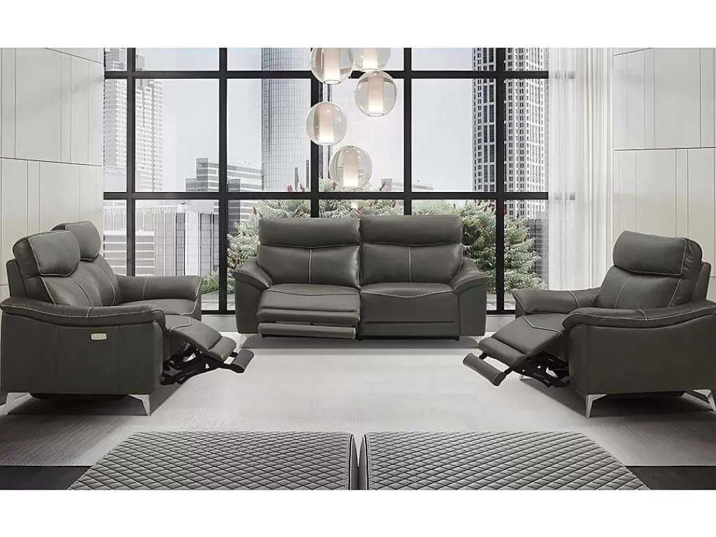 Conjunto Sofá E Poltrona*Vente-unique Sofá De 3+2+1 Lugares Relax Eletrico Em Pele Taupe - Metronomya