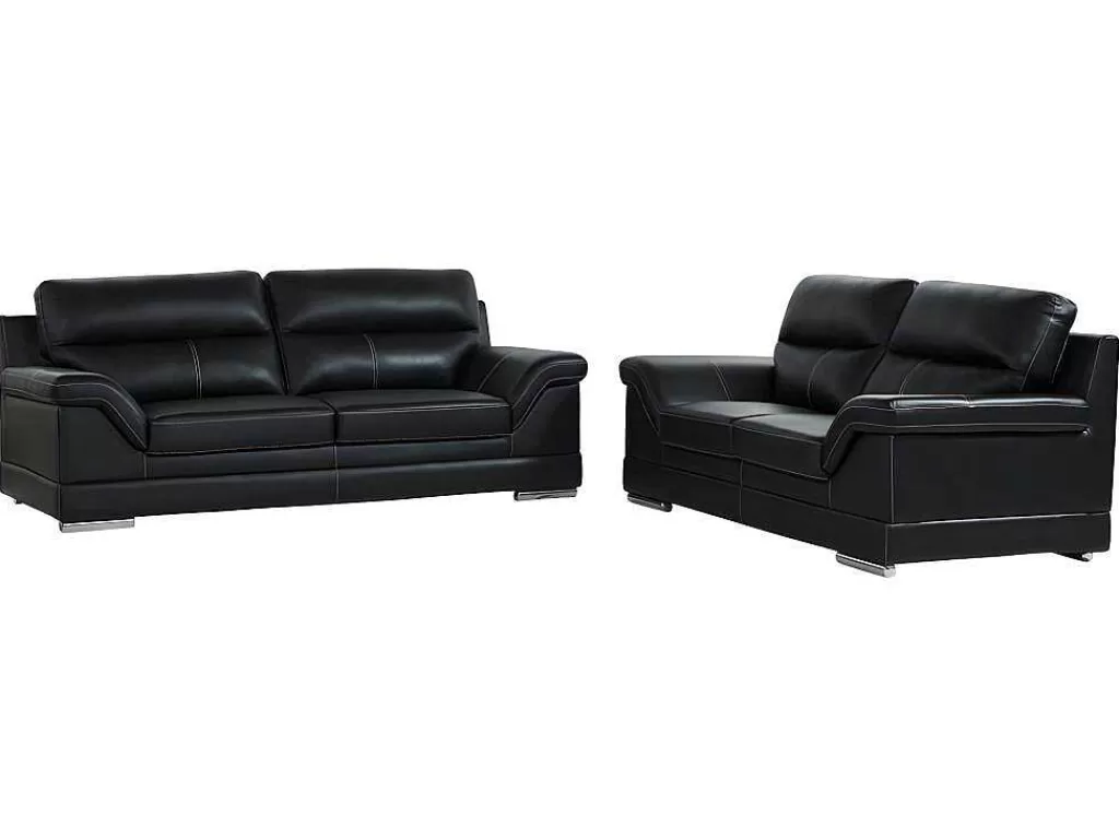 Conjunto De Sofá*Vente-unique Sofá De 3+2 Lugares Em Pele De Bufalo Preto - Monika