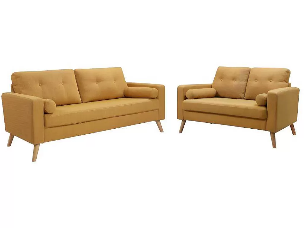 Conjunto De Sofá*Vente-unique Sofá De 3+2 Lugares Em Tecido Efeito La Amarelo - Tatum